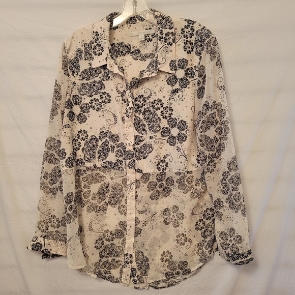 LC Lauren Conrad Tops - LC Lauren Conrad XL Blouse Cream Black Floral Longsleeve Sheer Button Up